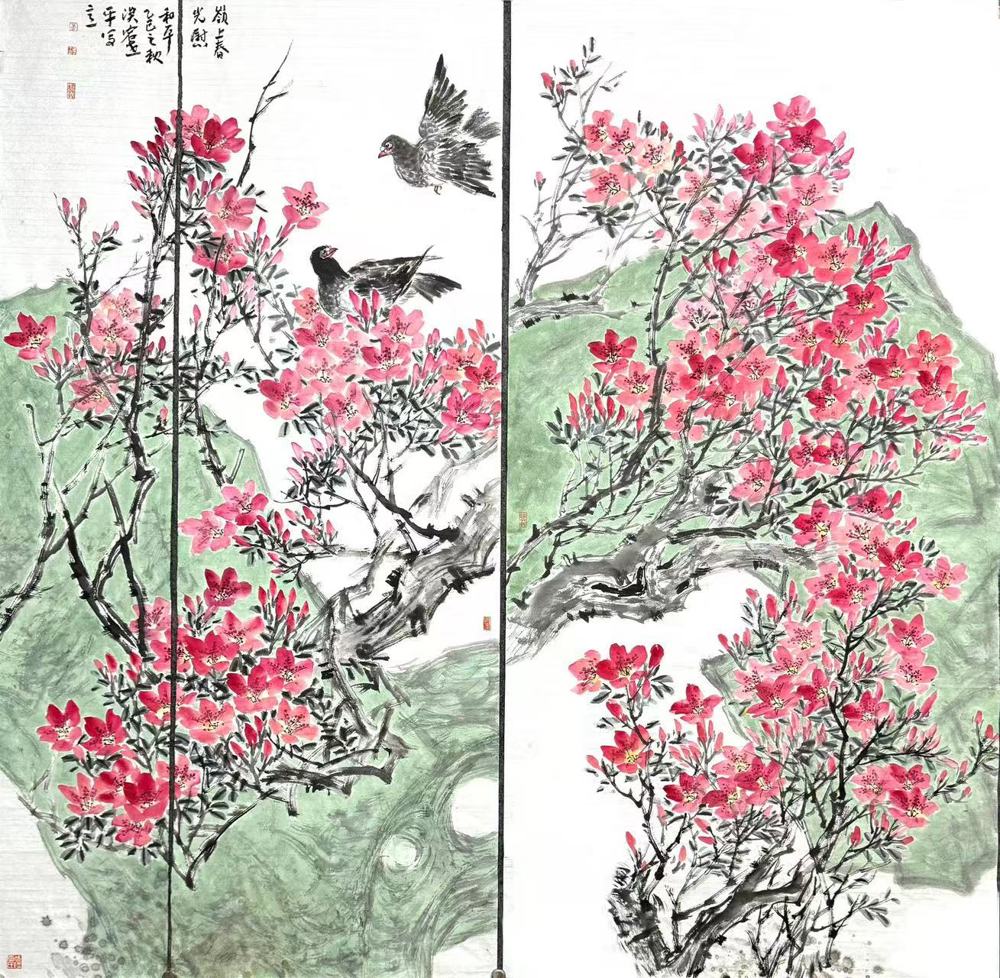 李世平+《岭上春光慰和平》+ 中国画 +图说 其喻先烈的牺牲成就了祖国温暖如春，安宁、和平、繁荣。形成“告慰先烈，盛世所愿”的情感所在。